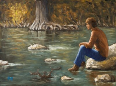 Among Cypress Shadows — original oil painting by Hayward Gaude depicting a man in quiet reflection on a rock in the Guadalupe River under golden autumn cypress trees