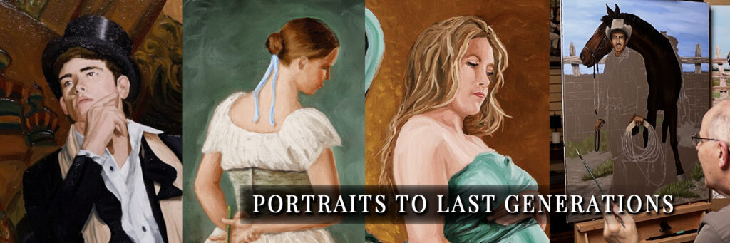 Composite of original oil portraits and artist at work — Portraits to Last Generations