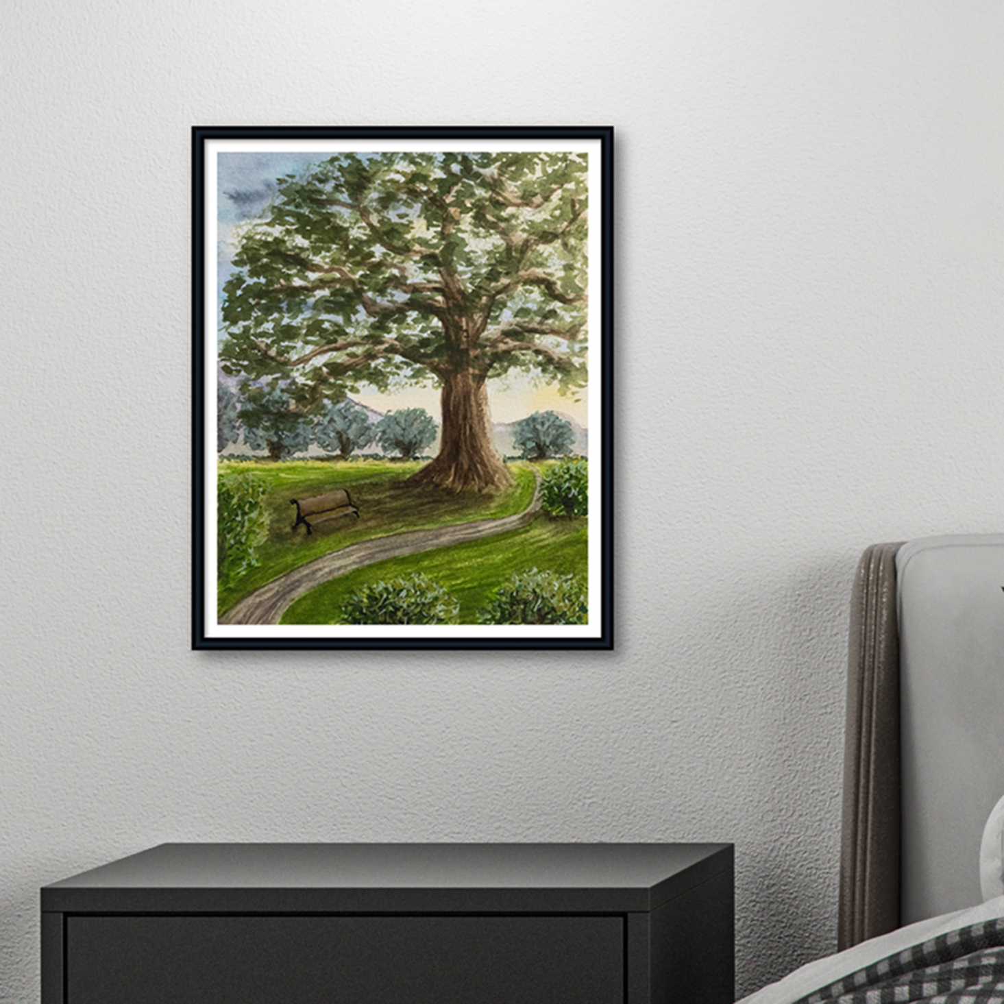 Original watercolor Sanctuary shown framed in display suggestion
