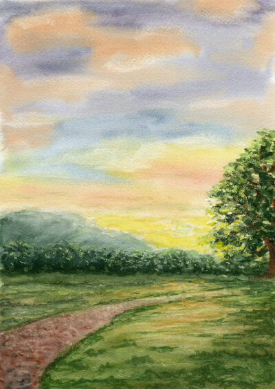 Framed watercolor landscape print of a peaceful Hill Country sunrise with soft sky and winding path.