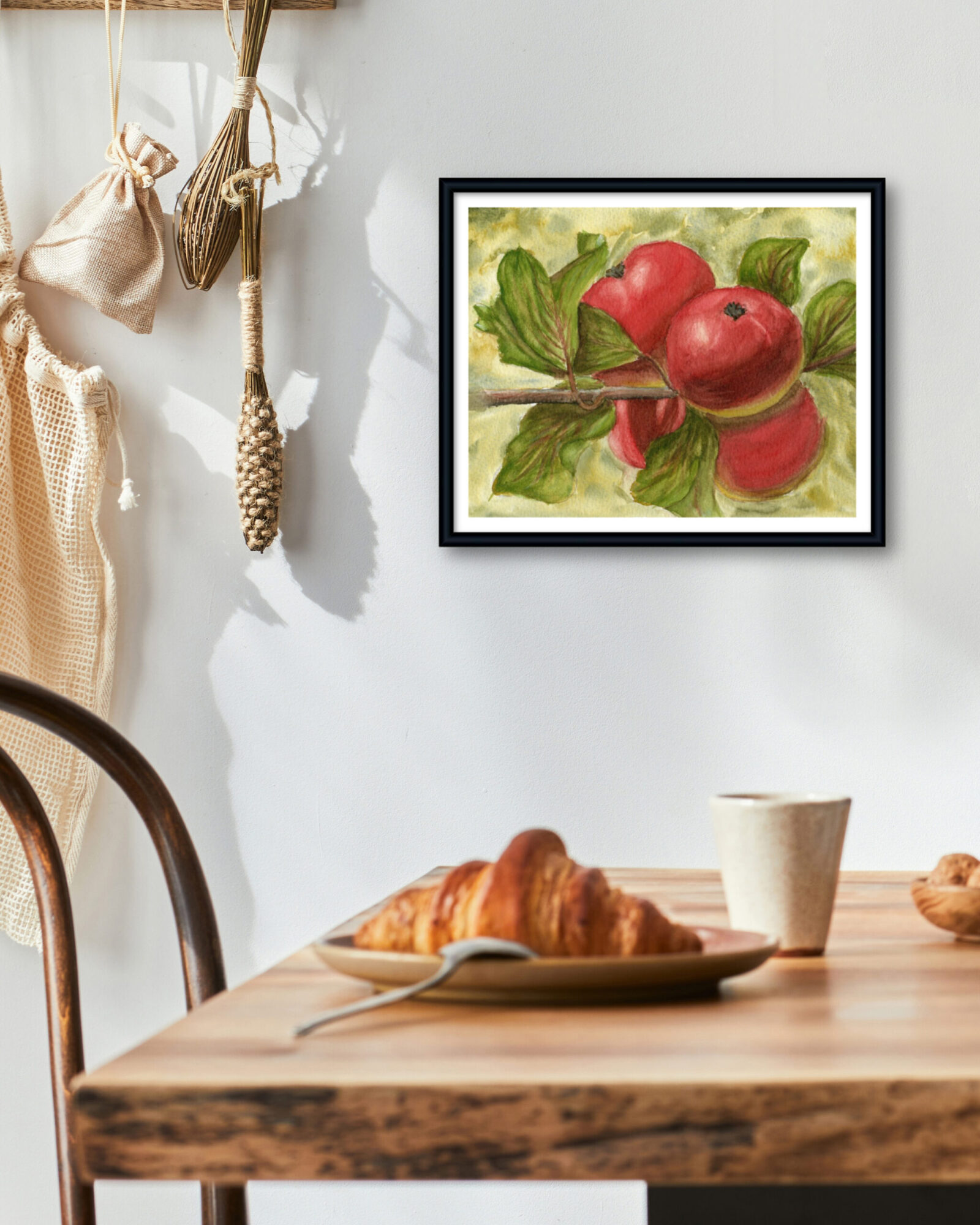 Framed botanical watercolor print of apples on a branch with green leaves – Autumn Orchard by Hayward Gaude.