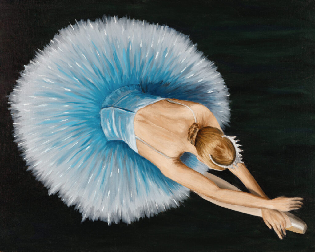 The Dancer in Blue ballerina oil painting print – blue tutu dancer from above – fine art print by Hayward Gaude