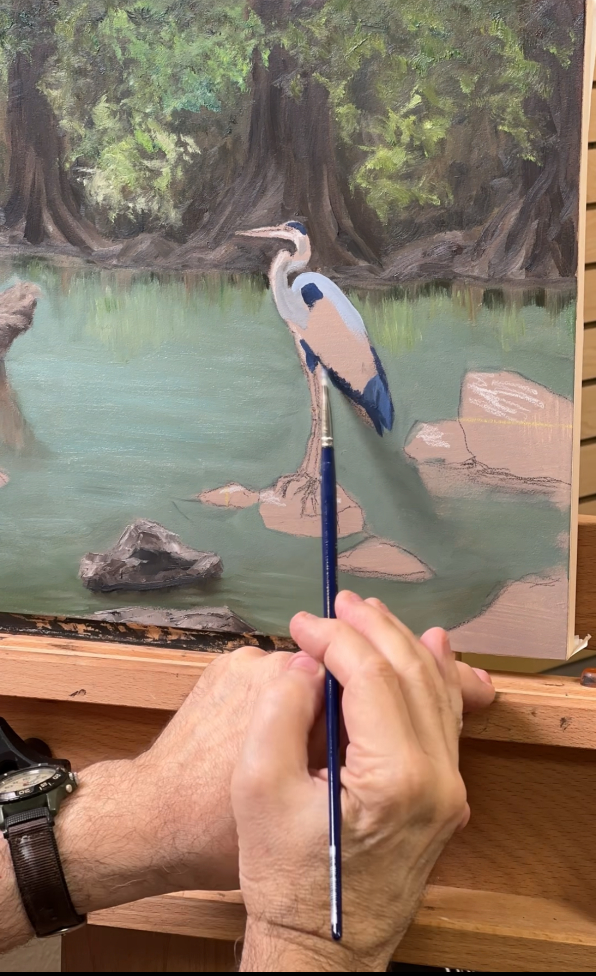 River Guardian blue heron oil painting print – heron standing in Guadalupe River with cypress trees – fine art print by Hayward Gaude