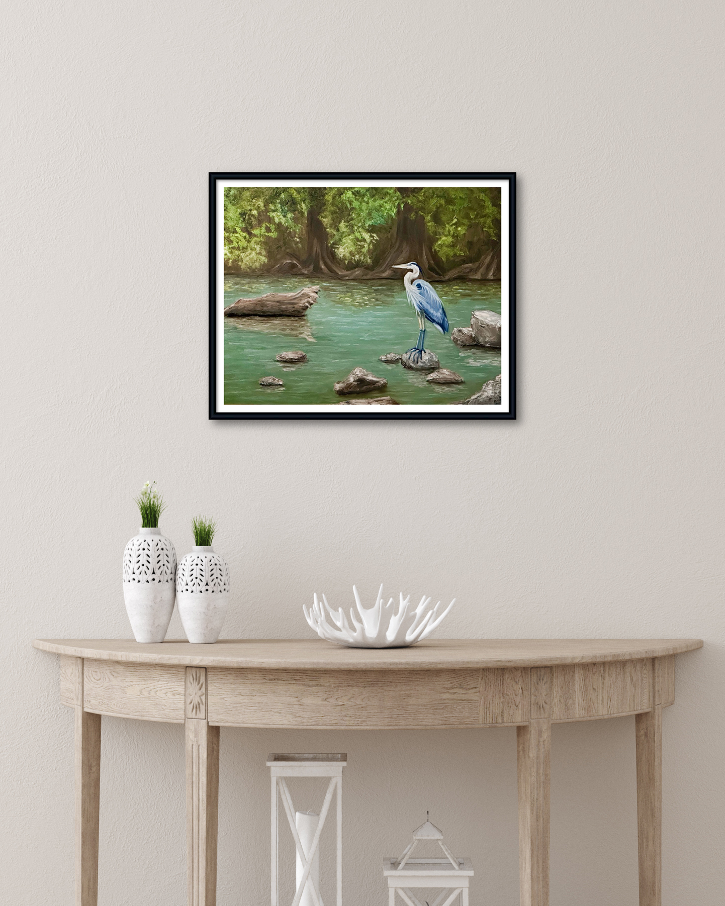 River Guardian blue heron oil painting print – heron standing in Guadalupe River with cypress trees – fine art print by Hayward Gaude