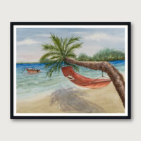 The Island watercolor painting print – peaceful coastal seascape with soft horizon and blue water – fine art print by Hayward Gaude