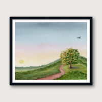 The Quiet Path watercolor painting print – sunrise over rolling hills with winding path and tree – fine art print by Hayward Gaude