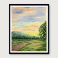 Framed watercolor landscape print of a peaceful Hill Country sunrise with soft sky and winding path.