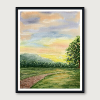 Framed watercolor landscape print of a peaceful Hill Country sunrise with soft sky and winding path.