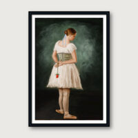 Framed fine-art print of a ballerina holding a rose behind her back, in a soft classical pose.