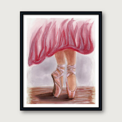 Watercolor ballet print of a dancer en pointe with a flowing red skirt and soft background.