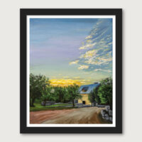 Riven Rock Texas Hill Country landscape oil painting print – golden sunset trees and farmhouse – fine art print by Hayward Gaude
