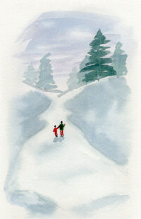 Original Watercolor of two colorful figures in a winter scene with pine trees