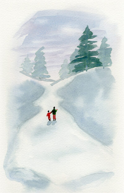 Original Watercolor of two colorful figures in a winter scene with pine trees