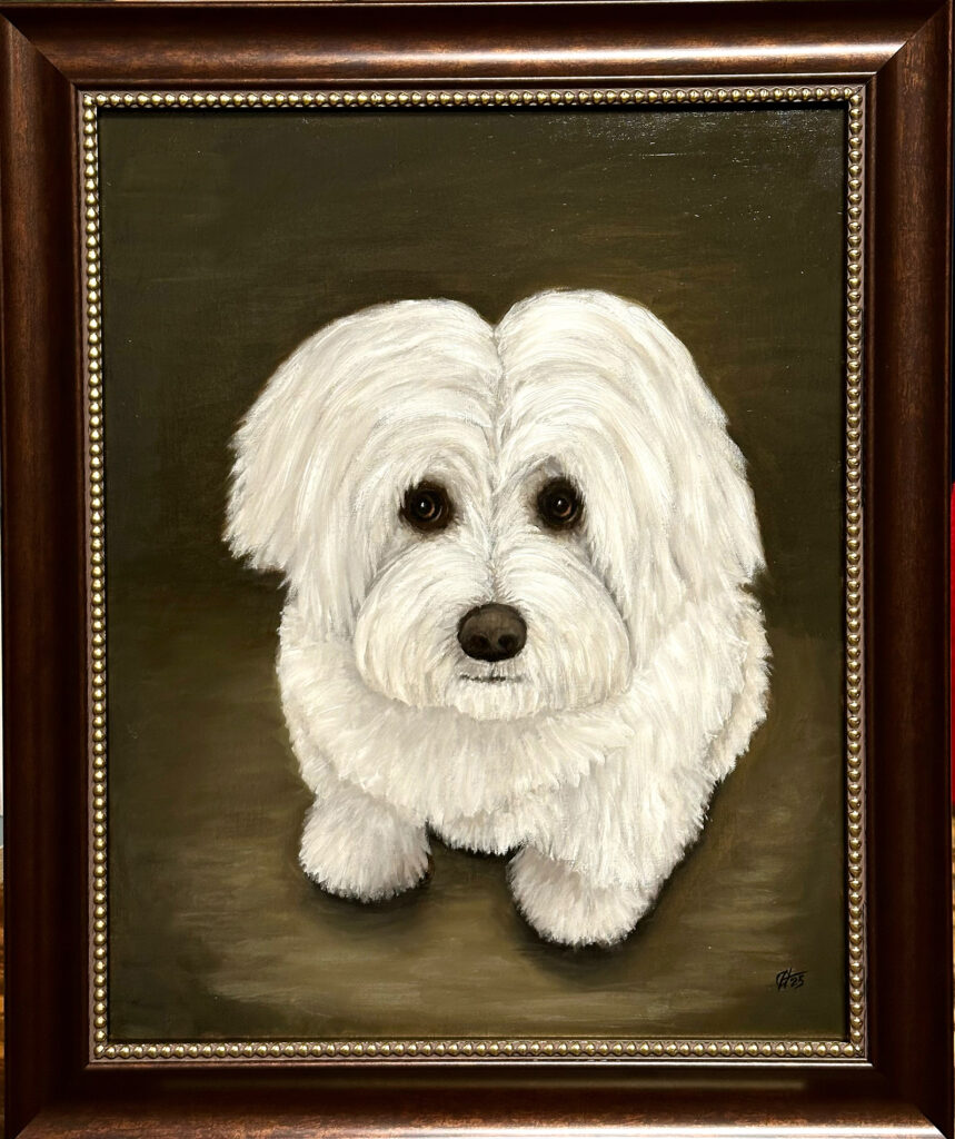 Framed oil portrait of Frankie, a small white dog with expressive dark eyes, painted as a memorial pet portrait on a soft neutral background.