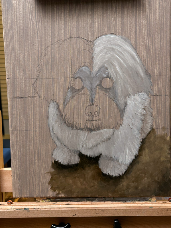 Framed oil portrait of Frankie, a small white dog with expressive dark eyes, painted as a memorial pet portrait on a soft neutral background.