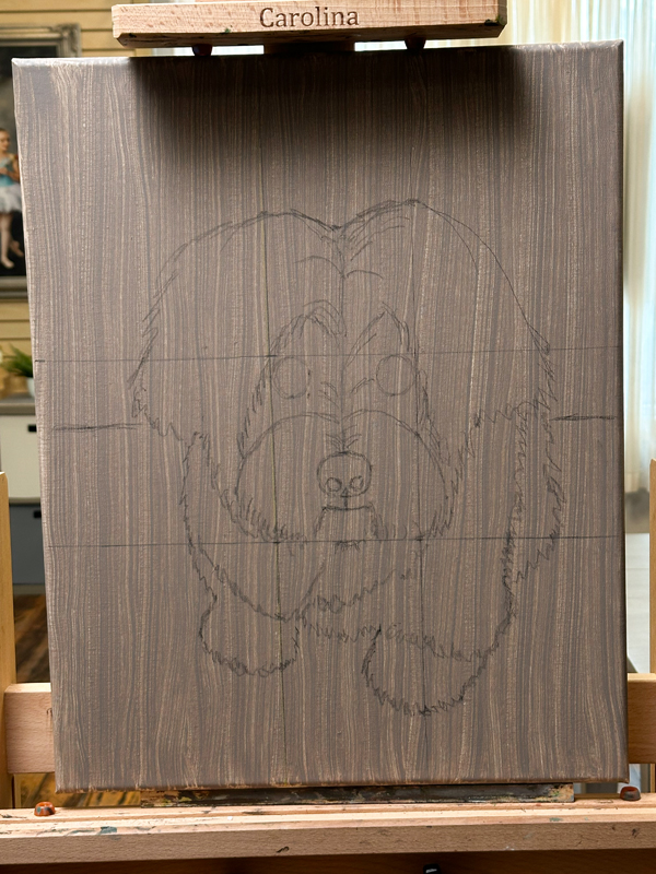 Framed oil portrait of Frankie, a small white dog with expressive dark eyes, painted as a memorial pet portrait on a soft neutral background.