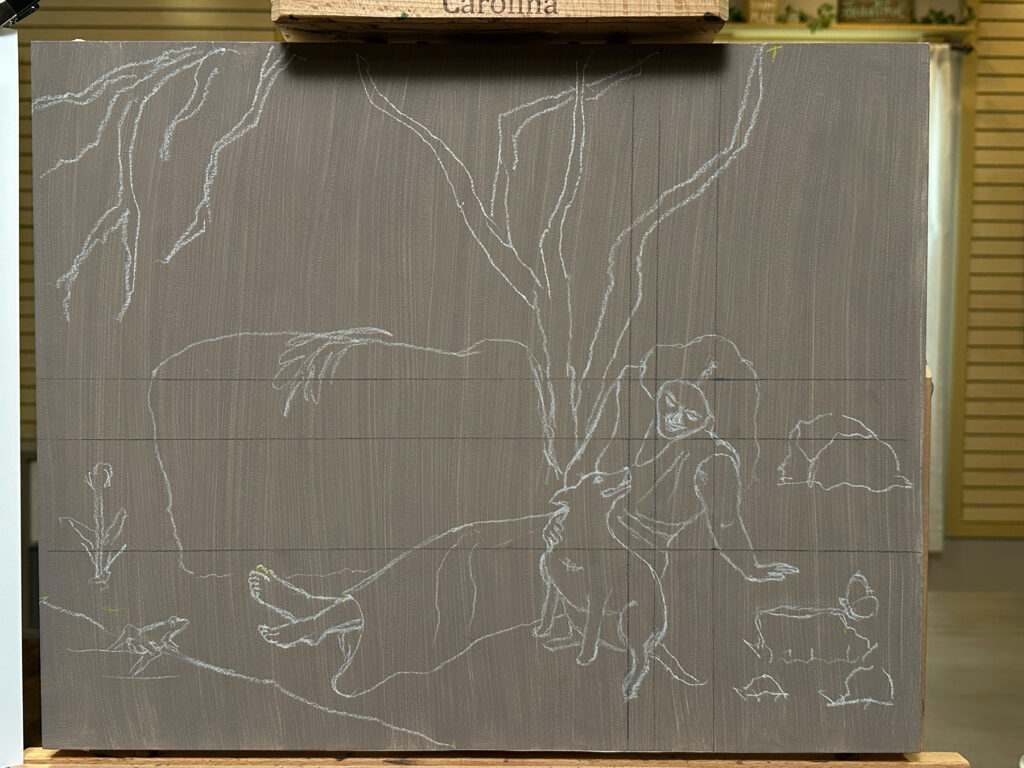 Initial white-pencil underdrawing on toned wood panel outlining Michelle, Miya, tree branches, rocks, and symbolic elements before painting begins.