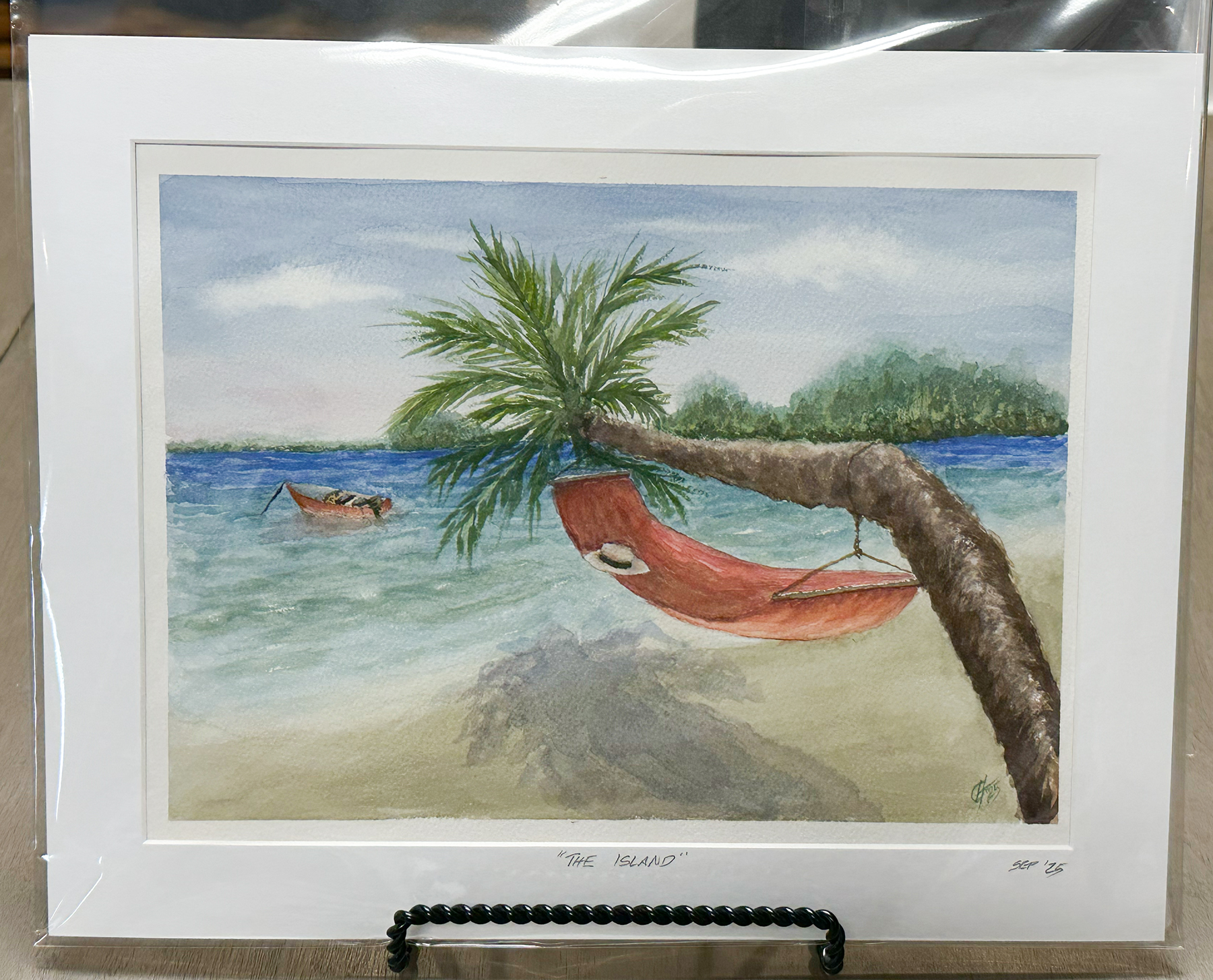The Island watercolor painting – peaceful coastal seascape with soft horizon and blue water – original watercolor by Hayward Gaude