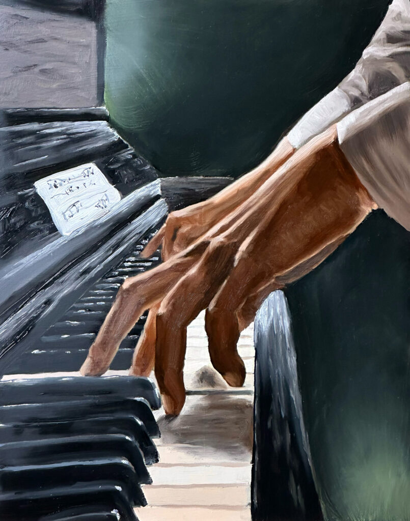 Realistic painting of a pianist’s fingers playing the piano keys in dramatic lighting.