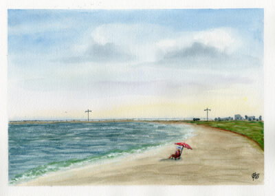 Original watercolor painting of a quiet morning at Rockport Beach with a red umbrella and shoreline.