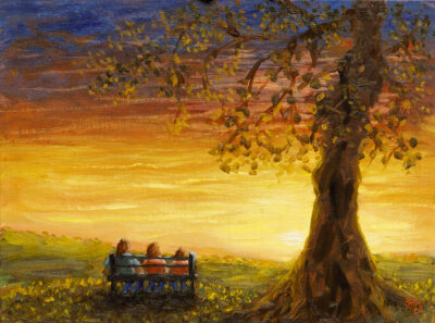 Oil painting of three people seated on a bench watching a glowing sunset beside a large tree.