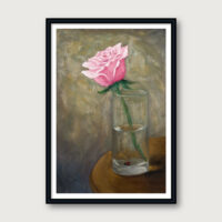 Print of a pink rose in a glass vase with a small ladybug at the base.