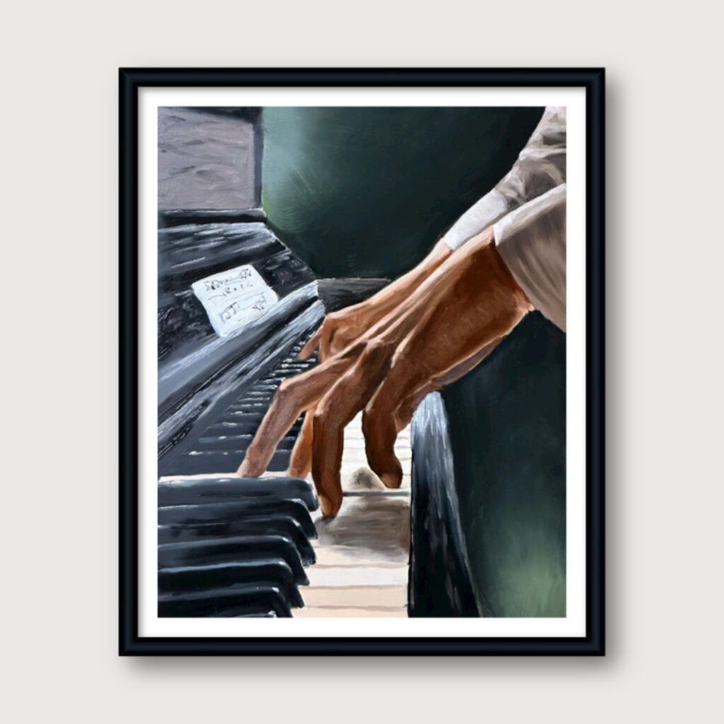 Realistic painting of a pianist’s fingers playing the piano keys in dramatic lighting.