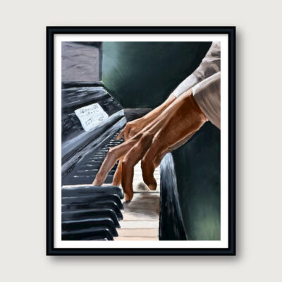 Realistic painting of a pianist’s fingers playing the piano keys in dramatic lighting.