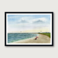 Coastal watercolor print of Rockport Beach with a red umbrella, soft waves, and a pastel morning sky.
