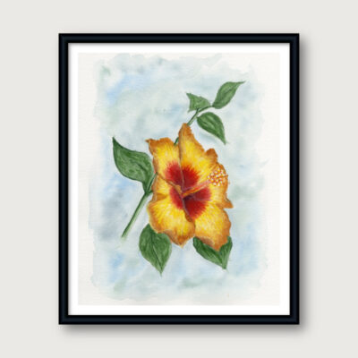 Watercolor painting of a yellow hibiscus with a red center against a soft blue background.