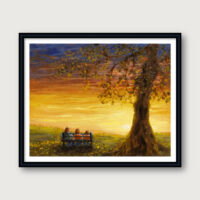 Oil painting of three people sitting under a large tree during a glowing sunset.