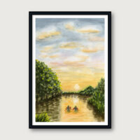 Watercolor painting of two people floating together on a river at sunset.