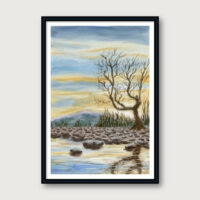 Watercolor painting of a bare tree reflected in still water under a soft sky.