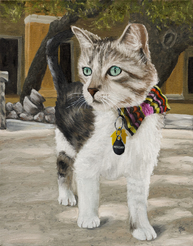 Original oil painting of a cat with a tag with his name Mercury