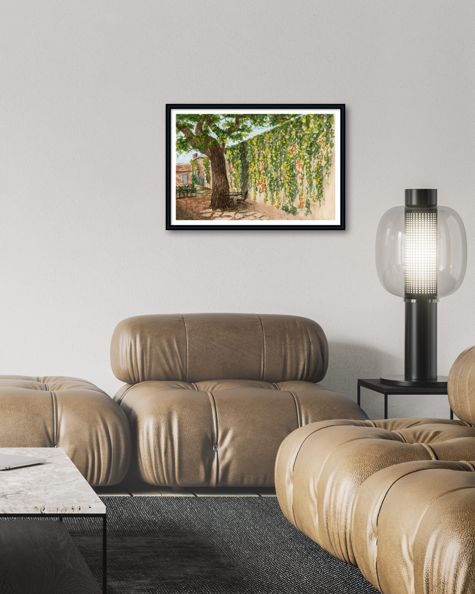 Watercolor painting of a quiet alley with hanging vines in Texas