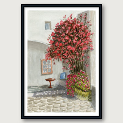 Watercolor painting of bougainvillea flowers in a sunlit stone courtyard