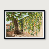 Watercolor painting of a quiet alley with hanging vines in Texas