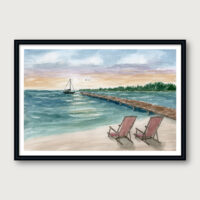 Watercolor beach with two chairs, pier, and sailboat at dusk