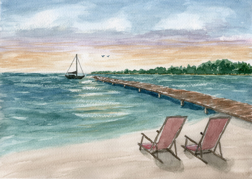 Watercolor beach with two chairs, pier, and sailboat at dusk