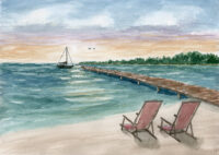 Watercolor beach with two chairs, pier, and sailboat at dusk