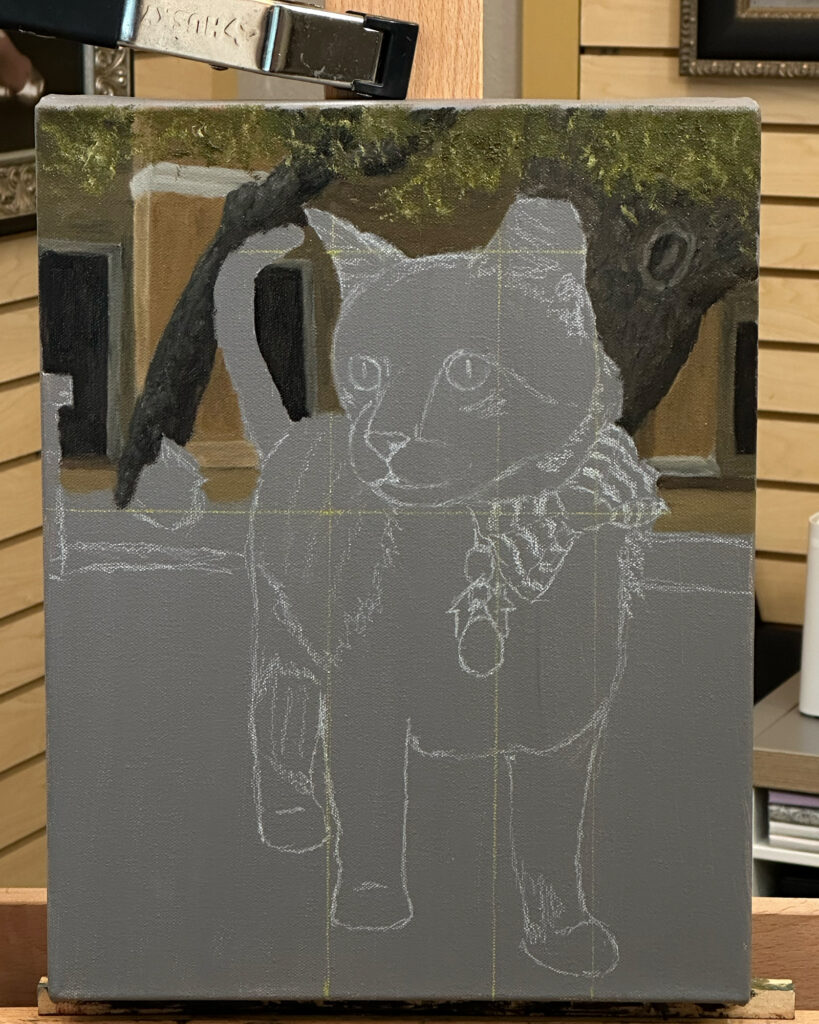 Original oil painting of a cat with a tag with his name Mercury