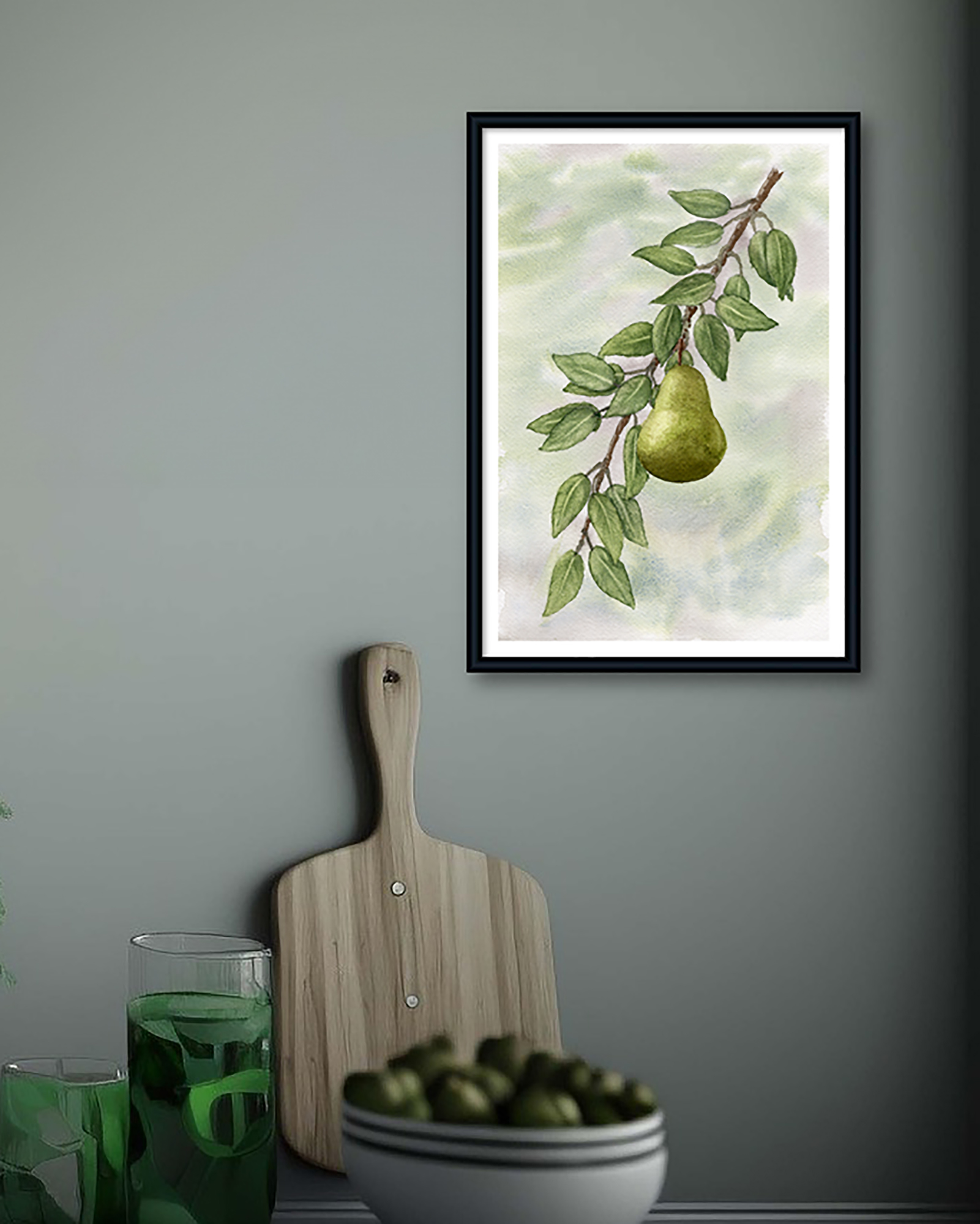 Original watercolor painting of a pear on branch in soft green tones. One-of-a-kind botanical artwork from the series.