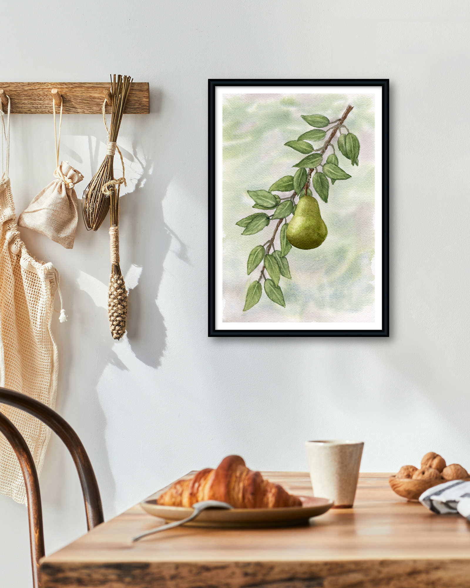 Original watercolor painting of a pear on branch in soft green tones. One-of-a-kind botanical artwork from the series.