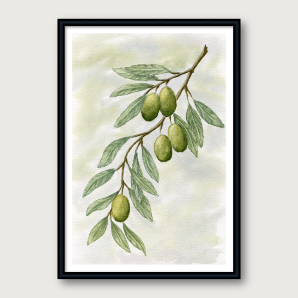 Watercolor olive branch with green leaves on a soft neutral background