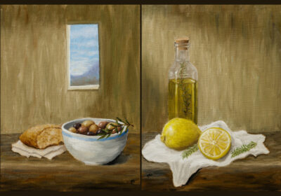 Oil still life paintings of olives bread lemon and olive oil on table
