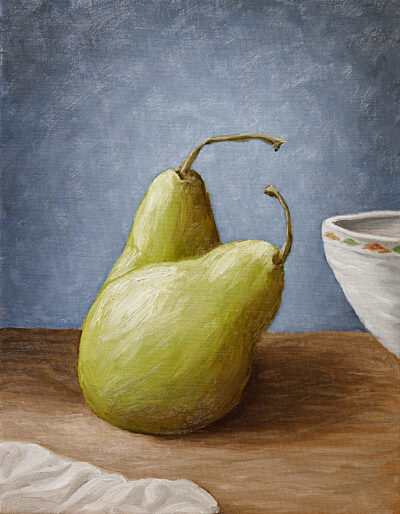 Two green pears oil painting on wooden table with linen cloth and blue wall