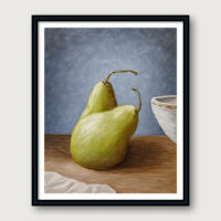 Two green pears oil painting on wooden table with linen cloth and blue wall