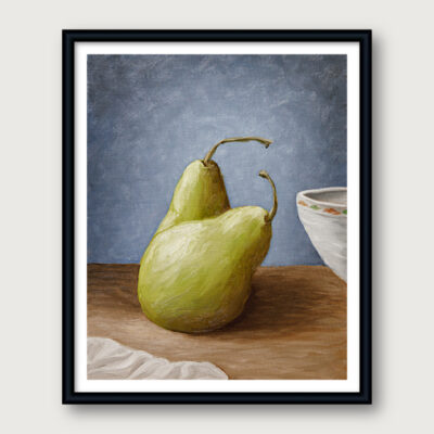 Two green pears oil painting on wooden table with linen cloth and blue wall