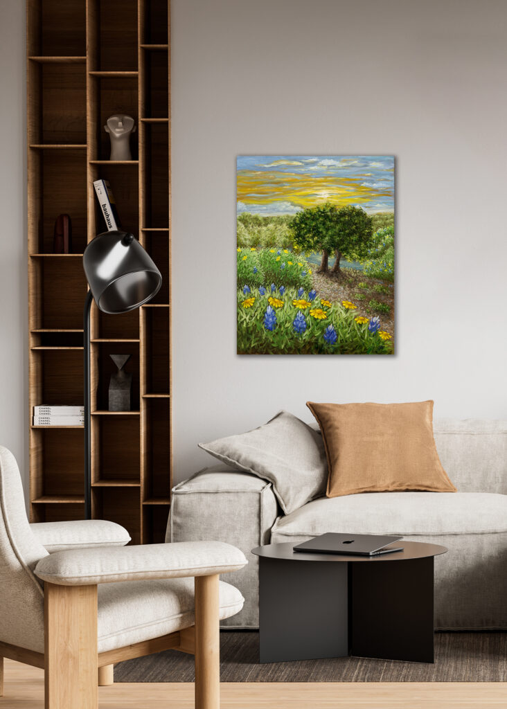 Texas wildflower landscape print with bluebonnets and trees by water