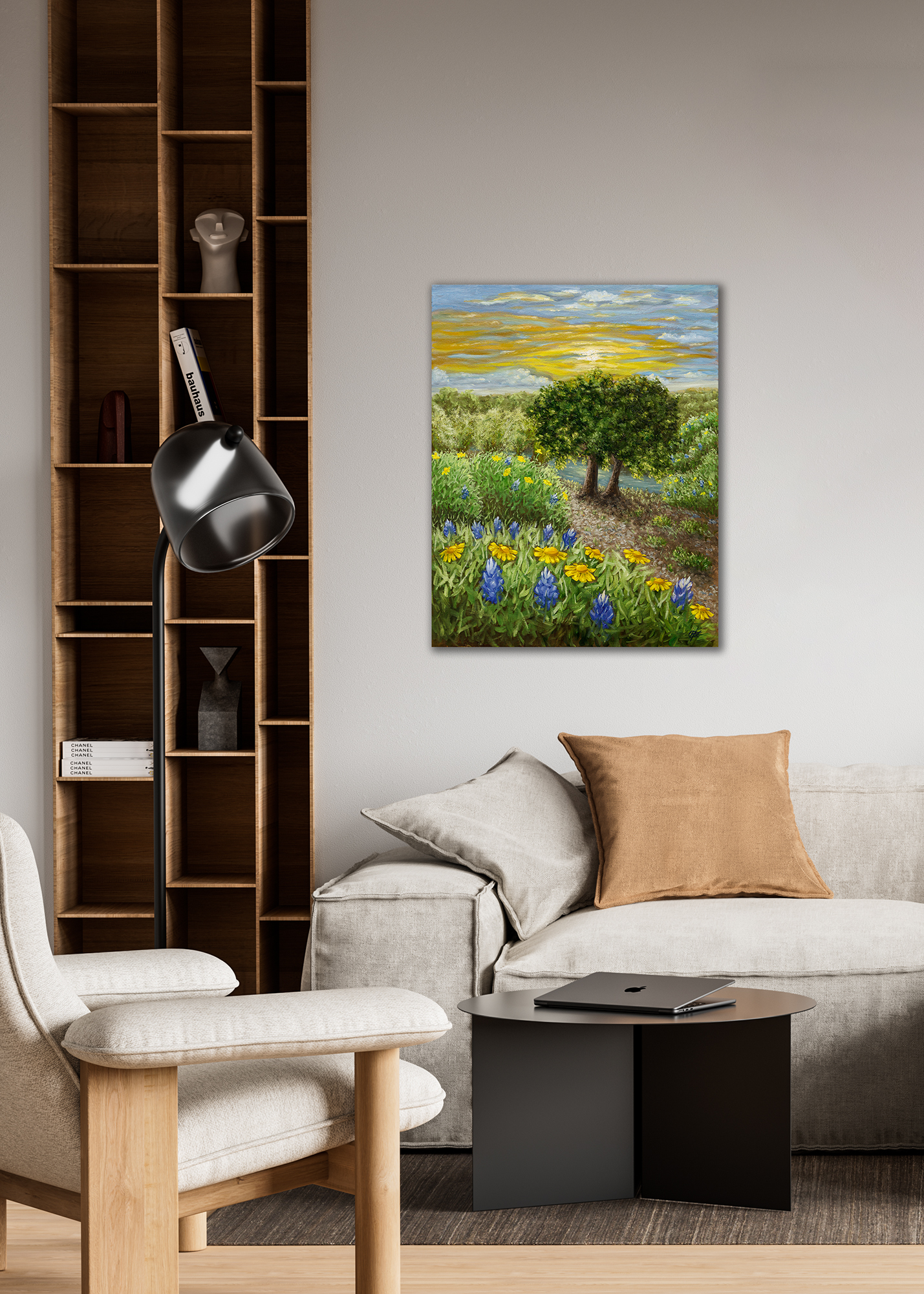 Texas wildflower landscape print with bluebonnets and trees by water